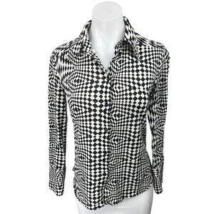 Zara Black White Checkered Plaid Long Sleeve Button Down Shirt Blouse Top Sz M